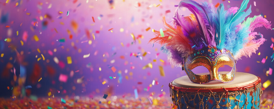 Brazilian Carnaval celebration banner with colorful masquerade masks, glittering confetti, and feathers set against a vibrant bokeh background. A lively tribute to culture and festive traditions.