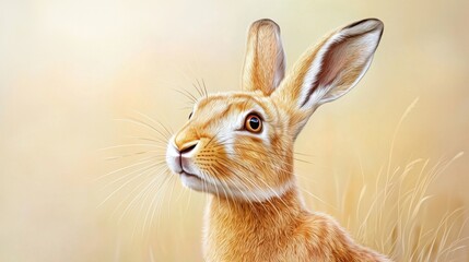 The illustration of the hare features intricate detailing of its fur, whiskers, and expressive eyes, capturing the agile and alert nature of this graceful animal.