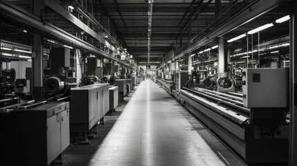 Fototapeta premium Factory interior, long aisle, industrial machinery.