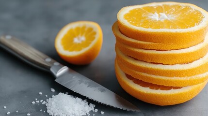 A vibrant stack of fresh orange slices next to a stainless steel knife on a textured table, exuding freshness and culinary inspiration.