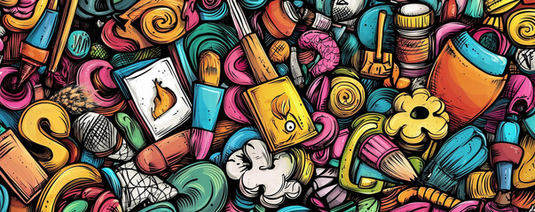 Fototapeta premium Artist supply color illustration. Visual arts doodles. Painting and drawing art background. Color book cover. Graffiti handdrawn poster. Colorful vector cartoon banner with hand drawn doodle elements.