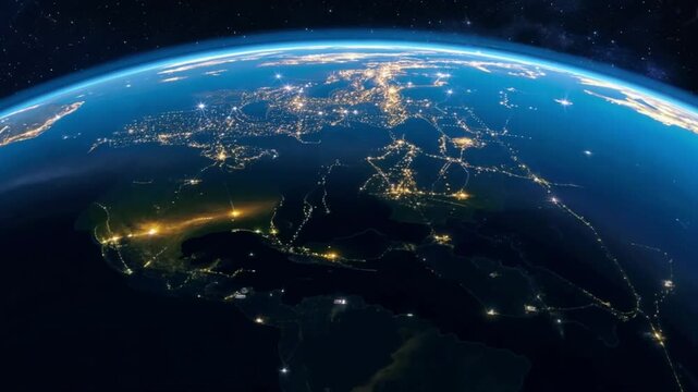 A breathtaking view of Earth from space at night showing illuminated city lights, glowing continents, and vast oceans representing global connectivity and beauty of the planet.