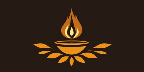 Golden Flame and Leaves Icon on Dark Background.