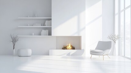 Minimalist white living room with fireplace, armchair, and shelves.
