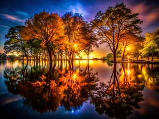 Stunning Night Trees Reflection, Dark Water, Low Light Photography, Lake Landscape, Nature Scene, Peaceful Night