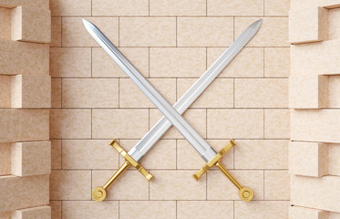Two swords crossed on a stone wall. 3d-rendering