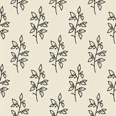 Minimalistic botanical seamless pattern. Vector hand-drawn illustration in doodle style. Perfect for decorations, wallpaper, wrapping paper, fabric. Floral background.