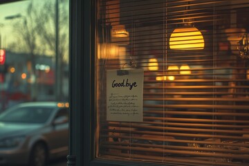 Goodbye note, window blinds, evening light, city view.