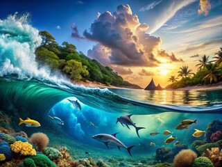 Stunning Ocean Banner: Double Exposure Underwater Seascape, Horizontal Water Surface, Realistic Wave