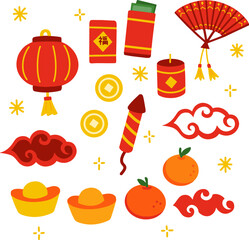 Happy Chinese new year 2025 clip art. Year of the snake with Chinese pattern, gold hanging lantern, fan, envelope