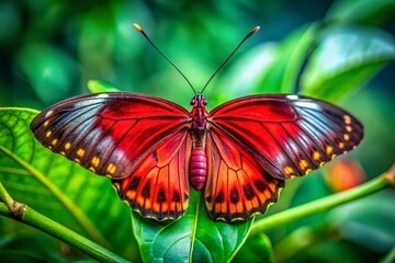 Fototapeta premium Macro Photography: Red Butterfly Wings, Close-up Insect, Nature Detail, Red Butterfly, Beautiful Butterfly, Wildlife Photography, Insect Macro