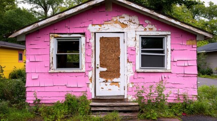 Abandoned Pink House with Peeling Paint and Overgrown Vegetation