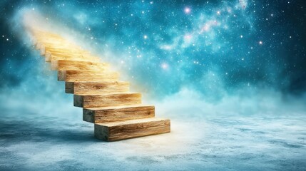 A staircase illuminated by soft, ethereal light, winding its way up towards a dazzling array of twinkling stars and galaxies in the vast expanse of the night sky.