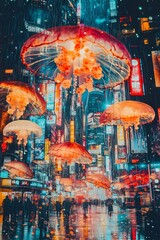 Captivating Neon Mushroom Dreamscape in Futuristic Metropolis with Vibrant Psychedelic Lighting and Surreal Ambiance