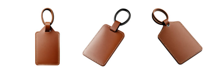 A set of three brown leather tags with metal rings, showcasing their textured surfaces and rectangular shapes.