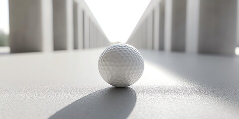 Golf ball on white surface between pillars in the sun.