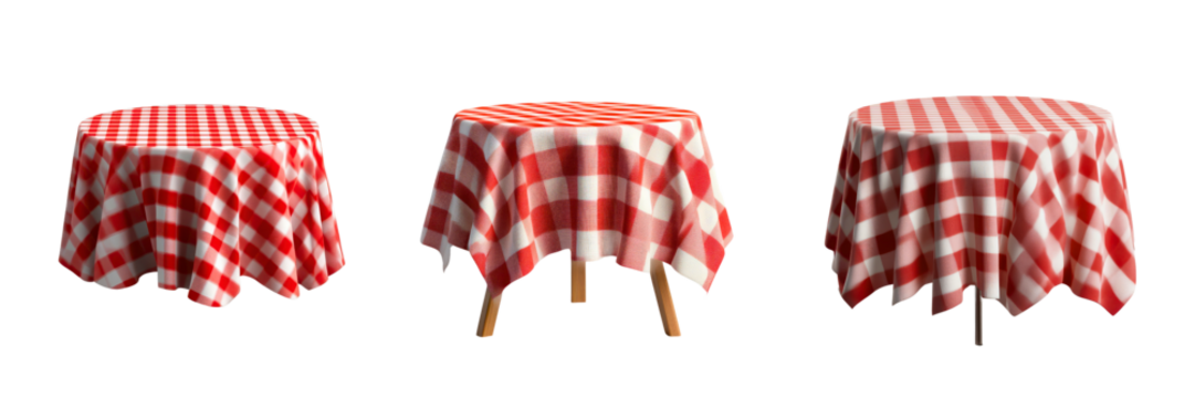 A round table covered with a red and white checkered tablecloth, featuring a loose, draped fabric that falls to the floor.