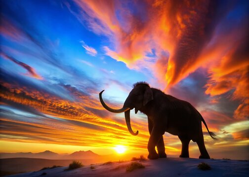 Stunning Silhouette Photography of a Majestic Mamut Against a Vibrant Sunset Background, Capturing the Essence of Prehistoric Life in a Dramatic and Artistic Way