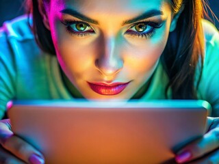 Macro Photography: Woman Browsing Website - Close Up Detail Shot, Eyes, Screen, Fingers, Technology, Online, Internet, Digital