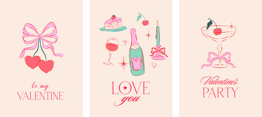 Fototapeta premium Vintage style cards, template for greeting cards, wedding, Valentines day cards and birthday party invitations. Hand drawn elegant coquette style. Retro illustrations and design for social media