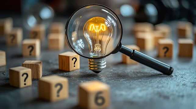 Light bulb icon under a magnifying glass and wood blocks