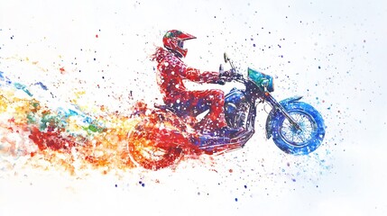 Colorful Watercolor Painting of a Motorcyclist in Motion