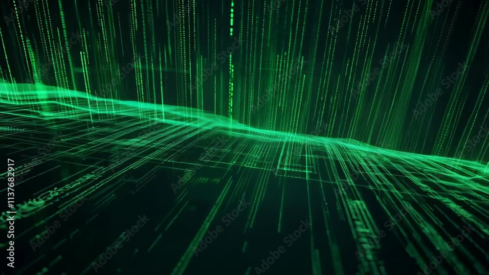 Aufkleber digital landscape showcasing green data streams and binary code in a futuristic environment