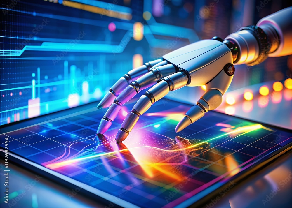 Poster macro photography of a robotic hand interacting with data on a tablet screen, showcasing advanced te