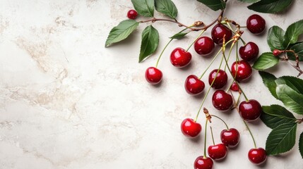 Cluster of ripe cherries with leaves, arranged elegantly on a white surface for a fresh and vibrant look