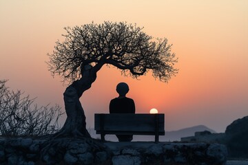 Silhouette of Tranquility: A solitary figure finds solace on a bench beneath the silhouette of a tree as the sun sets on the horizon. The image evokes a sense of peace and quiet reflection.