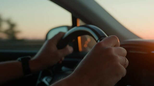 Male driver driving car, inside view. Man driving car on highway road at sunrise. Close-up of driver hands turning steering wheel