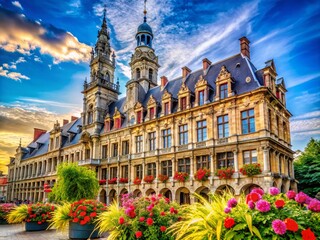 Obraz premium Stunning View of Roubaix City Hall with Architectural Details and Lush Surroundings, Ideal for Cityscapes and Historical Architecture Themes