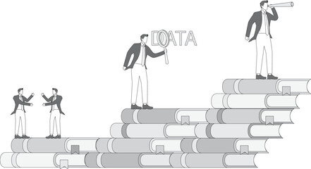 Three businessmen standing on books searching, discussing and analyzing, knowledge is power, discussing and learning about big data related knowledge and projects, market research and analysis, analys