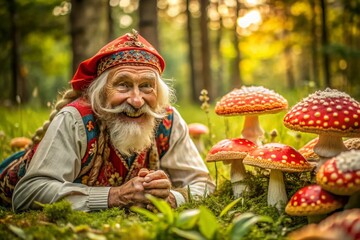 Obraz premium Macro Slavic Shaman Grandpa, Fly Agaric Mushrooms, Folk Costume, Nature Photography, AI Art