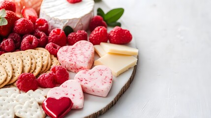 A vibrant platter featuring cheese, crackers, heart-shaped sweets, and fresh raspberries, perfect for a festive or romantic occasion.