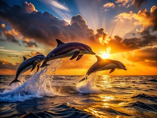 Fototapeta premium Macro Sunset Dolphin Leap: Breathtaking Underwater Wildlife Photography