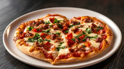 A heart-shaped pizza topped with cheese, sausage, and herbs, served on a white plate against a dark wooden background.