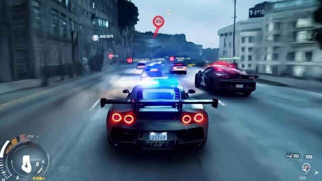 A dramatic city street scene showing high-speed police car chases at night with flashing lights and motion blur, symbolizing urgency, law enforcement, and urban action.