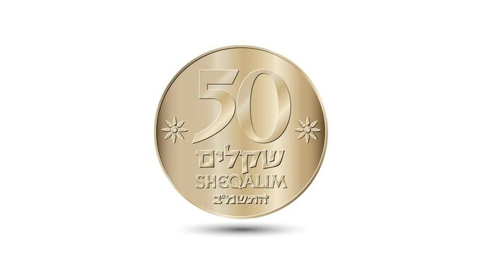 Coin, Israel, 50 sheqalim. Reverse of Israel fifty sheqalim coin.  The coin appear on the screen with a captivating style. Animated vector coin. Money animation.