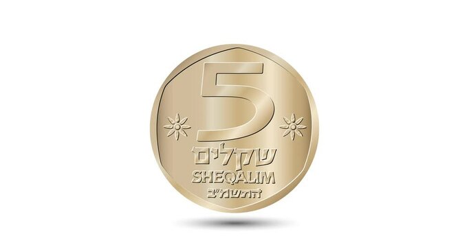 Coin, Israel, 5 sheqalim. Reverse of Israel five sheqalim coin. The coin appear on the screen with a captivating style. Animated vector coin. Money animation.