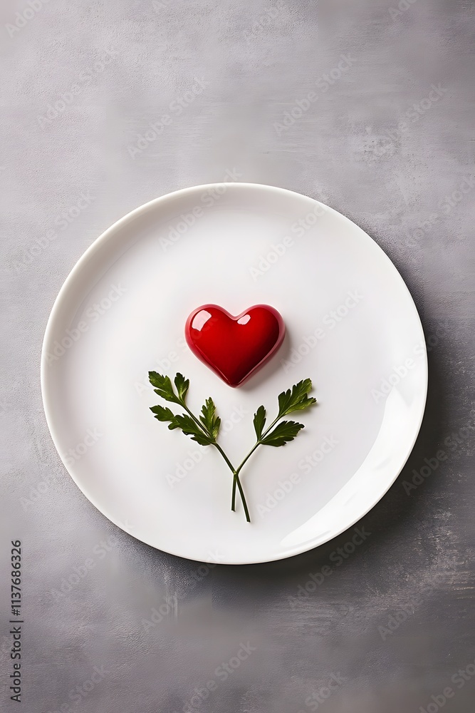 Wall mural A red heart-shaped dessert on a white plate, garnished with green leaves, creating a romantic and artistic presentation.