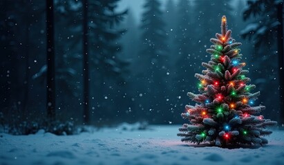 A glowing Christmas tree stands out against a  background, surrounded by sparkling lights.