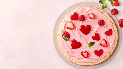 Naklejka premium A colorful heart-shaped dessert topped with raspberries and strawberries, perfect for celebrations or romantic occasions.