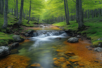 Obraz premium Forest Stream Flows Through Lush Green Woods Beautifully and Serenely in Nature