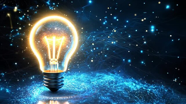 Glowing electric light bulb with bright polygonal connection animations on a dark blue background. Technology concept symbolizing innovation, artificial intelligence, brainstorming, business success.
