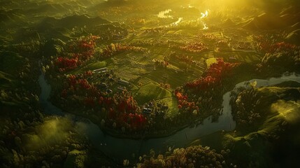 Golden hour aerial view of a rural valley, river snaking through, autumn foliage.