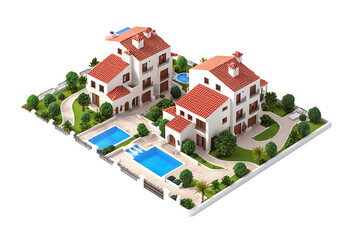 A detailed model showcasing two elegant houses, each with red roofs, surrounded by lush greenery and accompanied by inviting swimming pools.