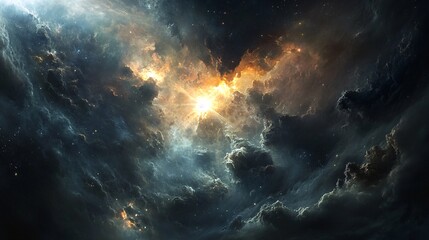 Fototapeta premium Stunning Cosmic Nebula with Fiery Center and Dark Clouds Captured in a Mesmerizing Interstellar Scene of Celestial Beauty and Vastness
