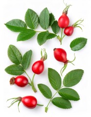 Studio shot of rosehip plant showing ripe red berries and green leaves, isolated on a white background, ideal for health and nature themes