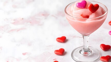 A delightful pink dessert in a glass, topped with heart-shaped candies, perfect for romantic occasions or celebrations.